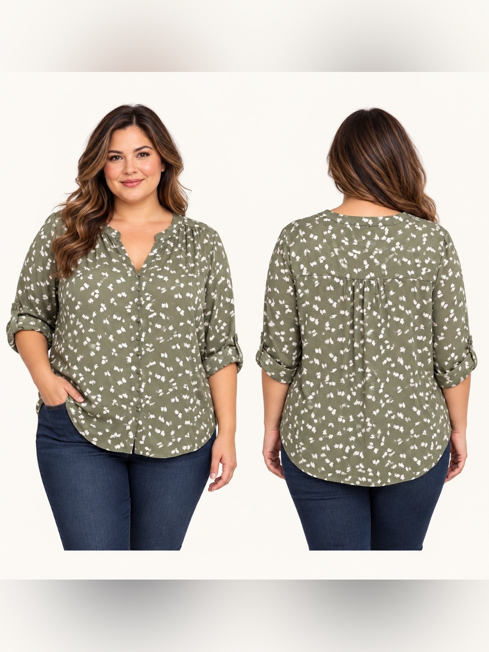 41 Hawthorn Olive Ivory Print Roll Tab Sleeve Blouse Size 2X